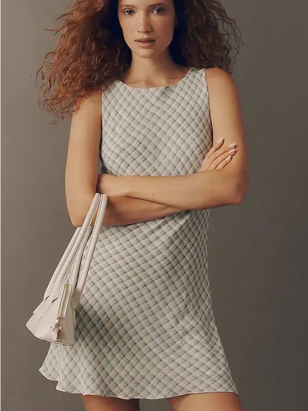 Reformation Cream and Light Green Sleeveless Plaid Shift Dress